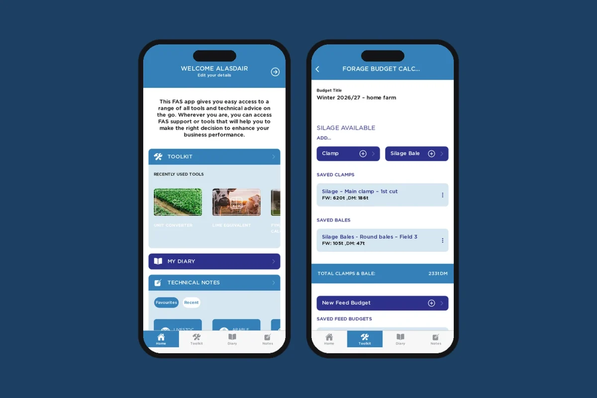 FAS Companion app welcome screen and forage budget